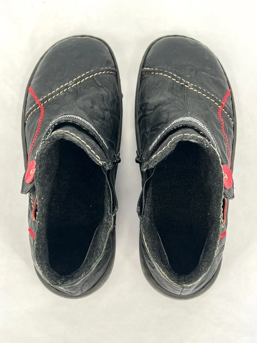 Rieker Simona 94 Black Leather Red Buttons Wool Lined Ankle Boots EU 39 US 8.5